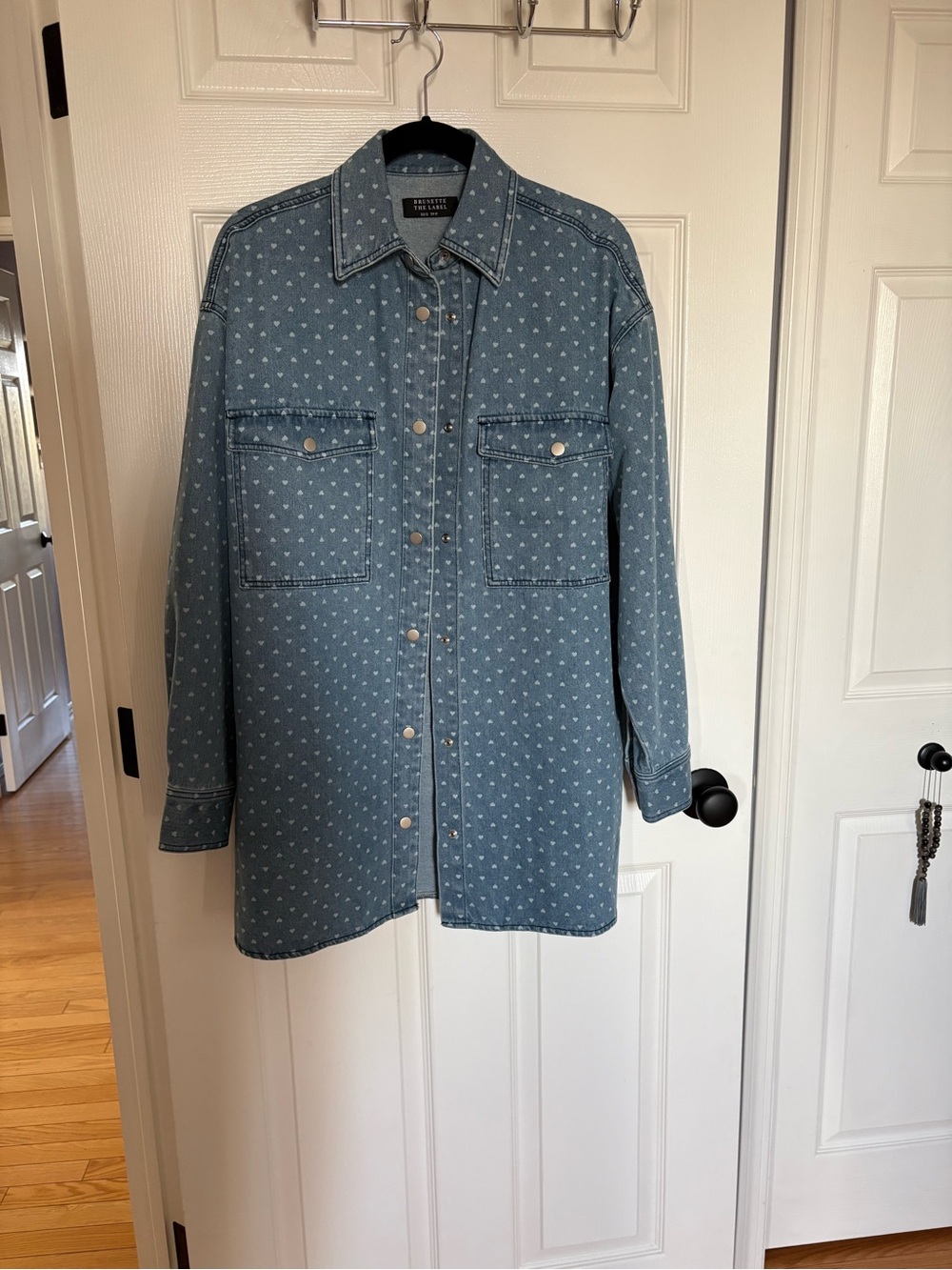 Brunette The Label Shania Light Blue Denim Button-Up with Micro Hearts